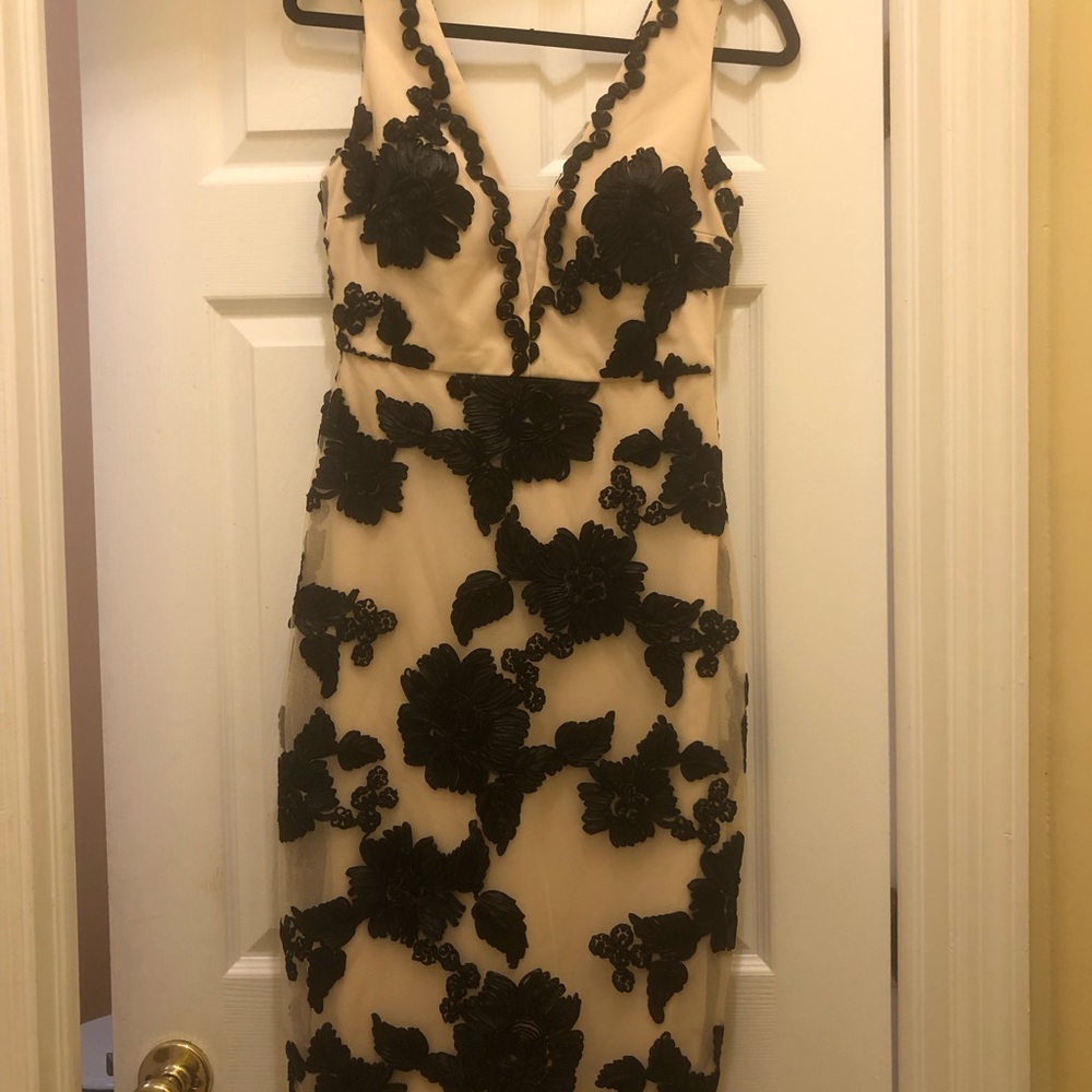 Cream and black flowered evening dress size 2